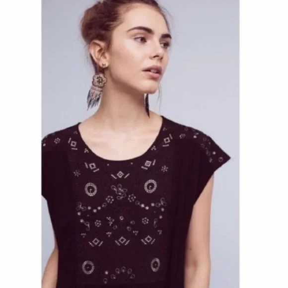 Anthropologie Akemi + Kin Arcana Embroidered Black Top XS - Picture 2 of 16